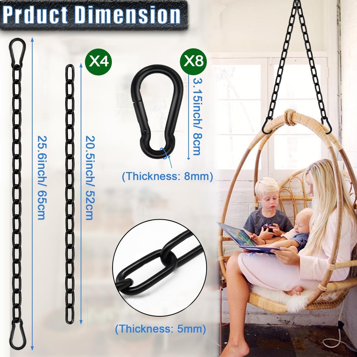 Kit 4 cadenas colgantes 25.6" 660lb para hamaca gimnasio