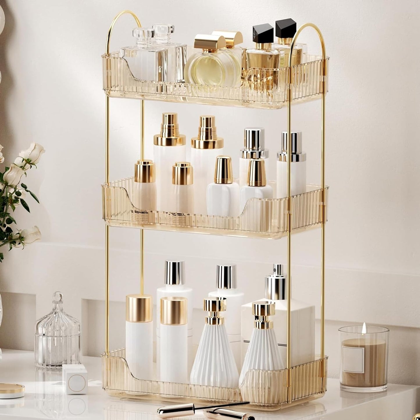 Organiz. baño estante cosméticos 3 niveles color dorado