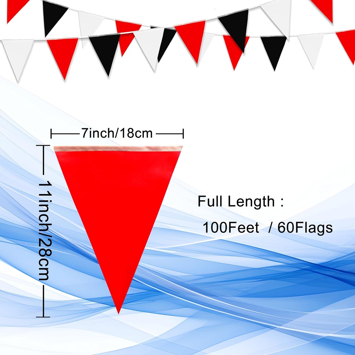 Banderín triángulo 100ft rojo negro blanco para fiesta