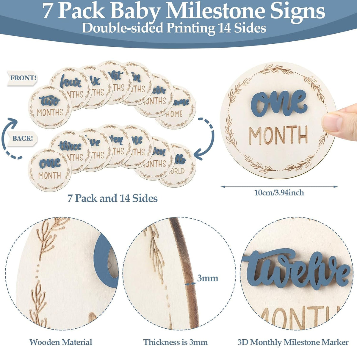 Tarjetas hitos mensuales bebé madera 3D azul doble cara 1-12 meses