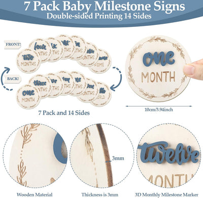 Tarjetas hitos mensuales bebé madera 3D azul doble cara 1-12 meses