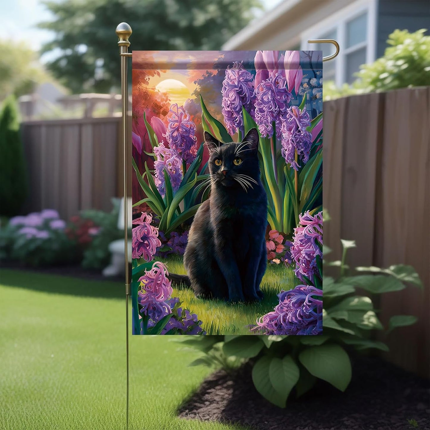 Banderas jardín gato negro 12x18" doble cara