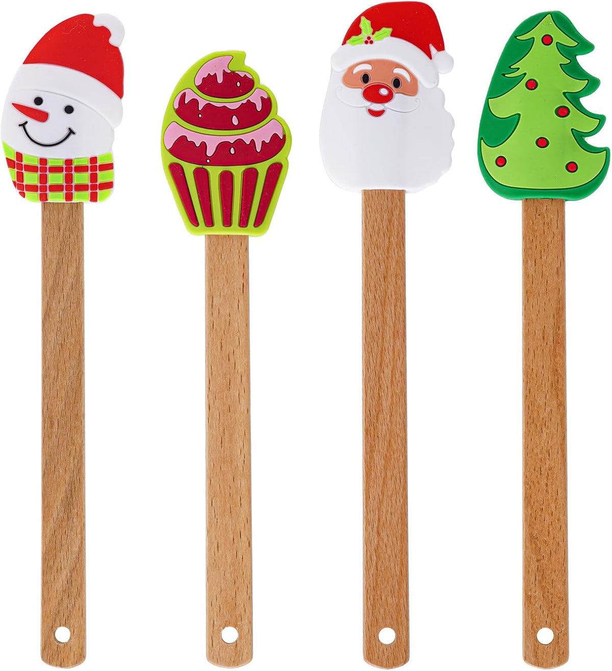 4 Espátulas Silicona Navidad con Mango Madera