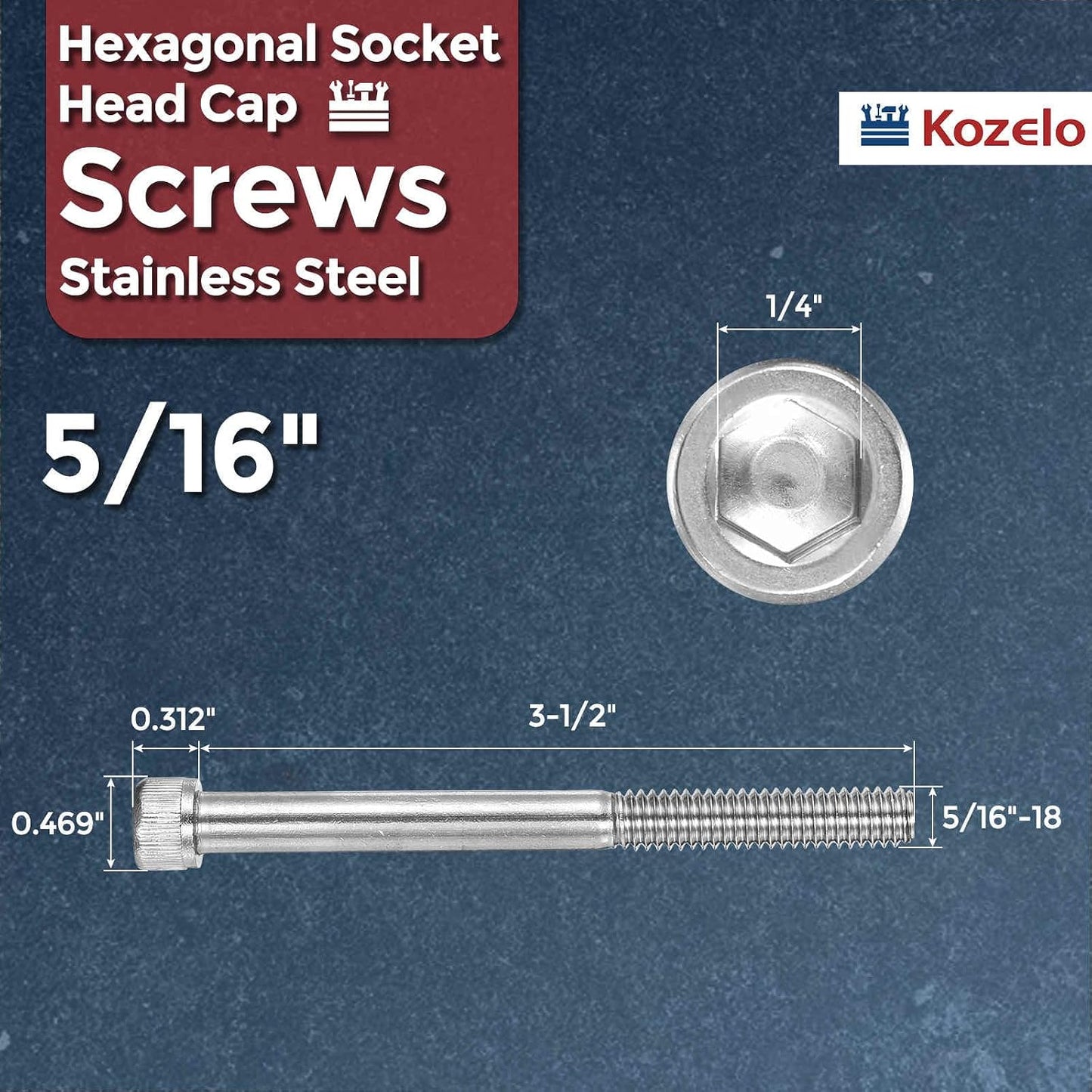 5 Pzas llave Allen hexagonal 5/16-18 x 3-1/2 UNC acero inox