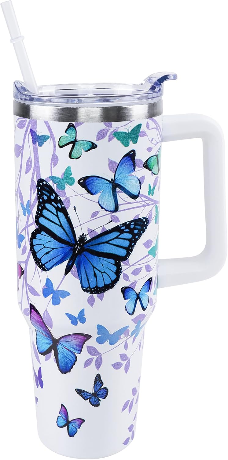 Vaso mariposa 40oz con asa tapa popote viaje café