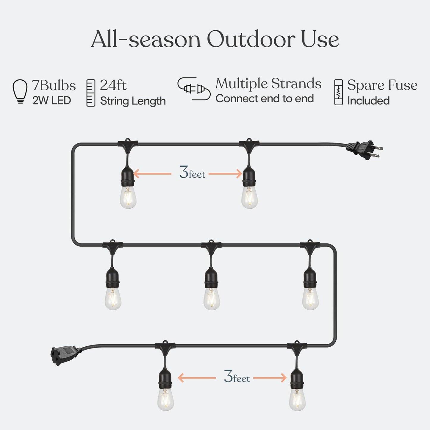 Cadena luces LED impermeables 24ft exteriores Edison