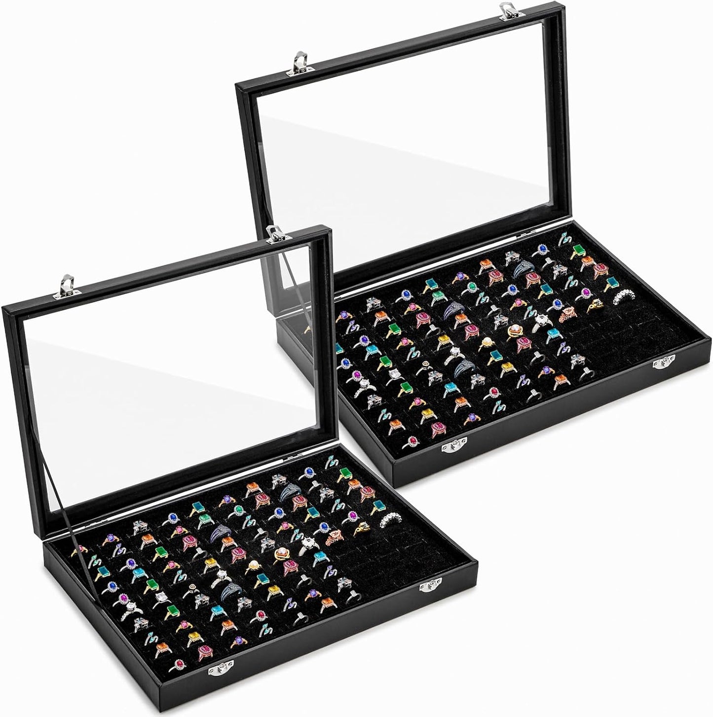 2 Vitrinas Anillos 100 Ranuras Tapa Vidrio Negro