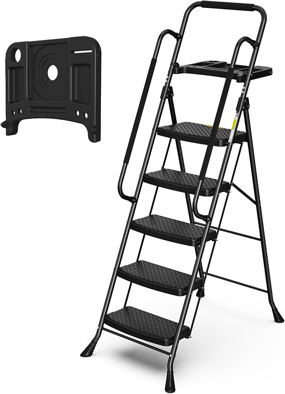 Escalera plegable con pasamanos y pedal antiderrap negro