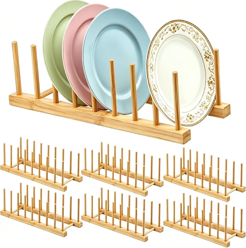 6 Pzas Estante Bambú 8 Ranuras para Platos y Tapa de Olla