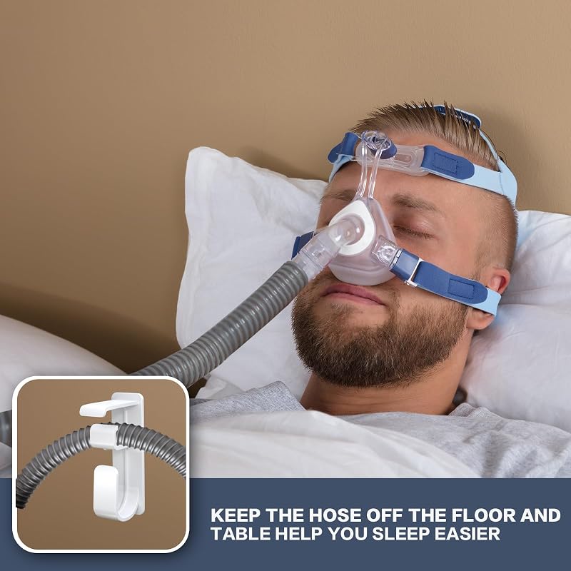 Soporte manguera CPAP con gancho antidesenganche y organizador