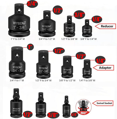 Set adaptadores impacto 1/4 1/2 3/8 3/4 enchufes giratorios