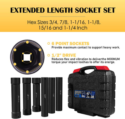 Set llaves impacto 1/2" 6 tamaños hex 3/4 a 1-1/4