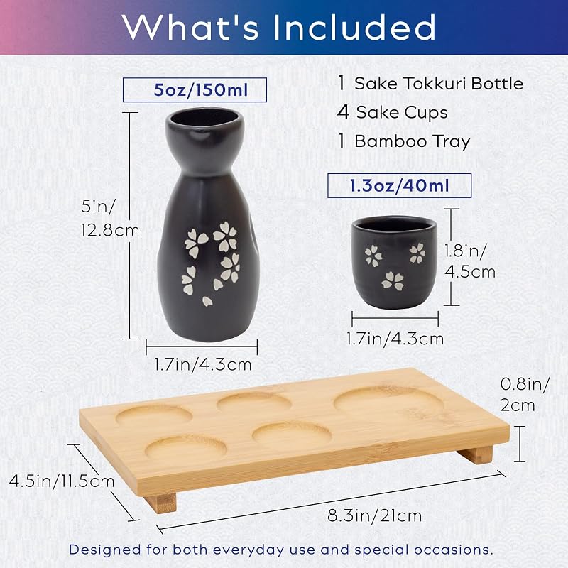 Set 5 piezas sake cerámica Tokkuri Ochoko bandeja bambú