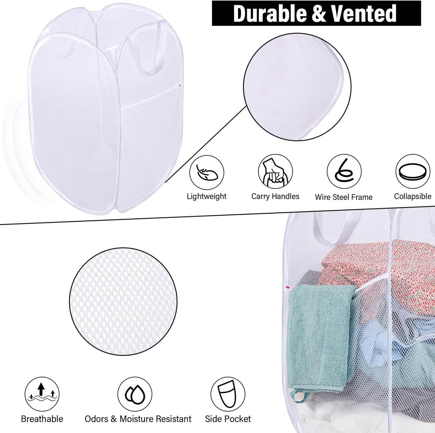Cesta lavandería desplegable malla fuerte con bolsillo 2unid