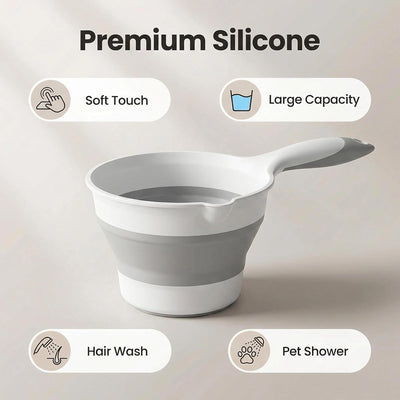 Taza de enjuague de baño de silicona con vertedor gris y blanca para cabello y mascotas