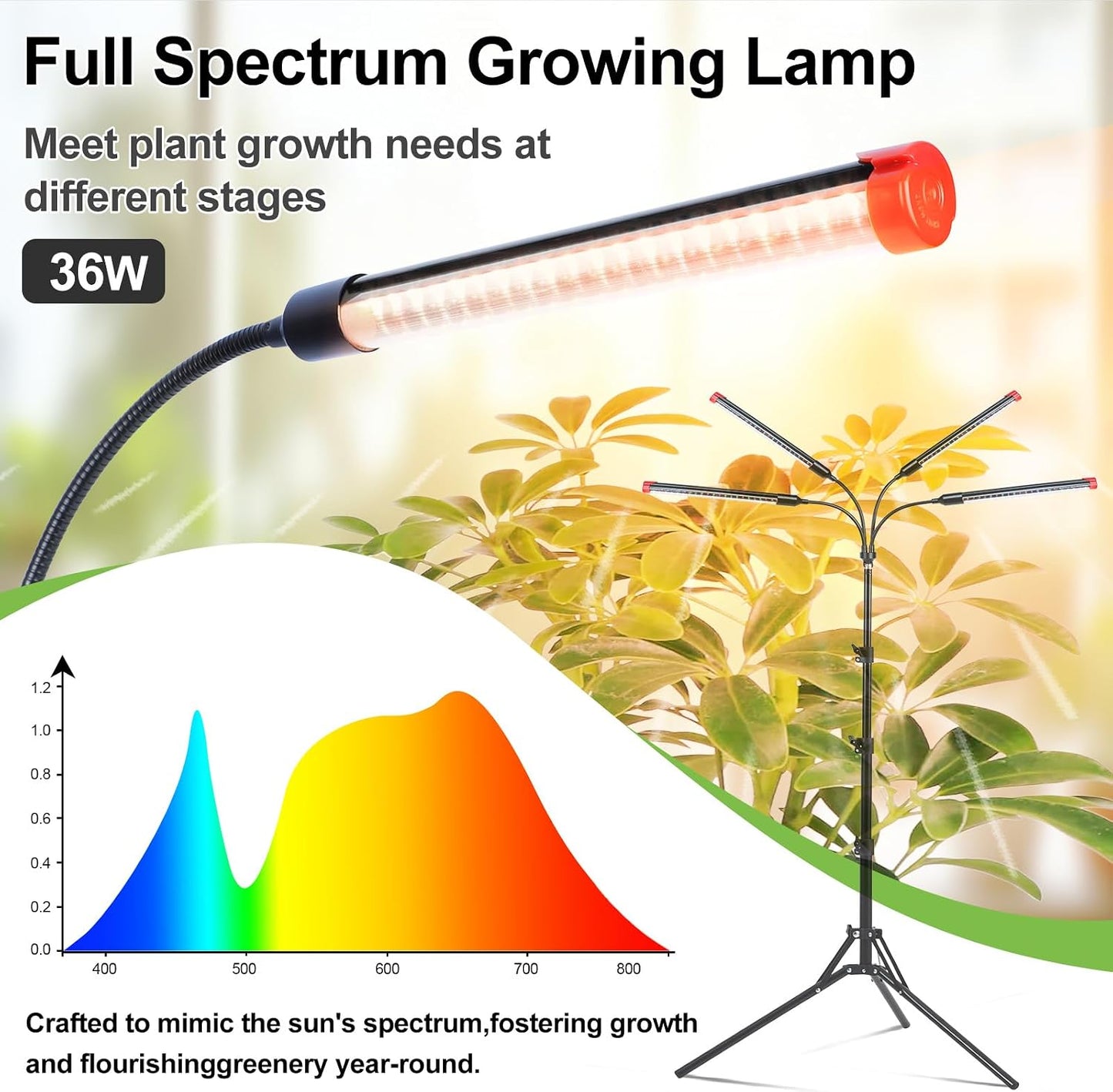 Luz crecimiento 4 cabezales espectro completo 36W