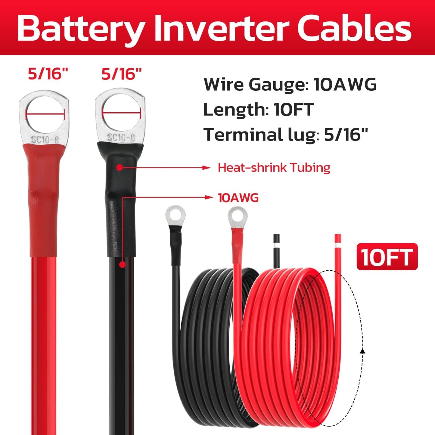 Cable batería 10 AWG 10 pies con lengüetas 5/16"