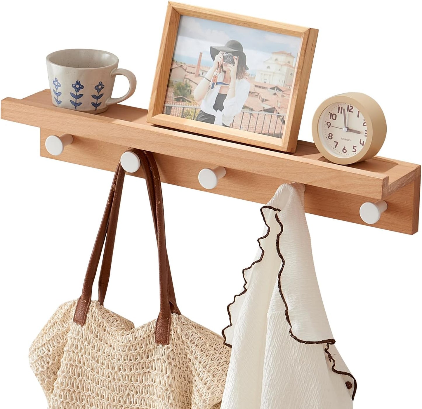 Ganchos pared con estante 24" madera haya 5 ganchos