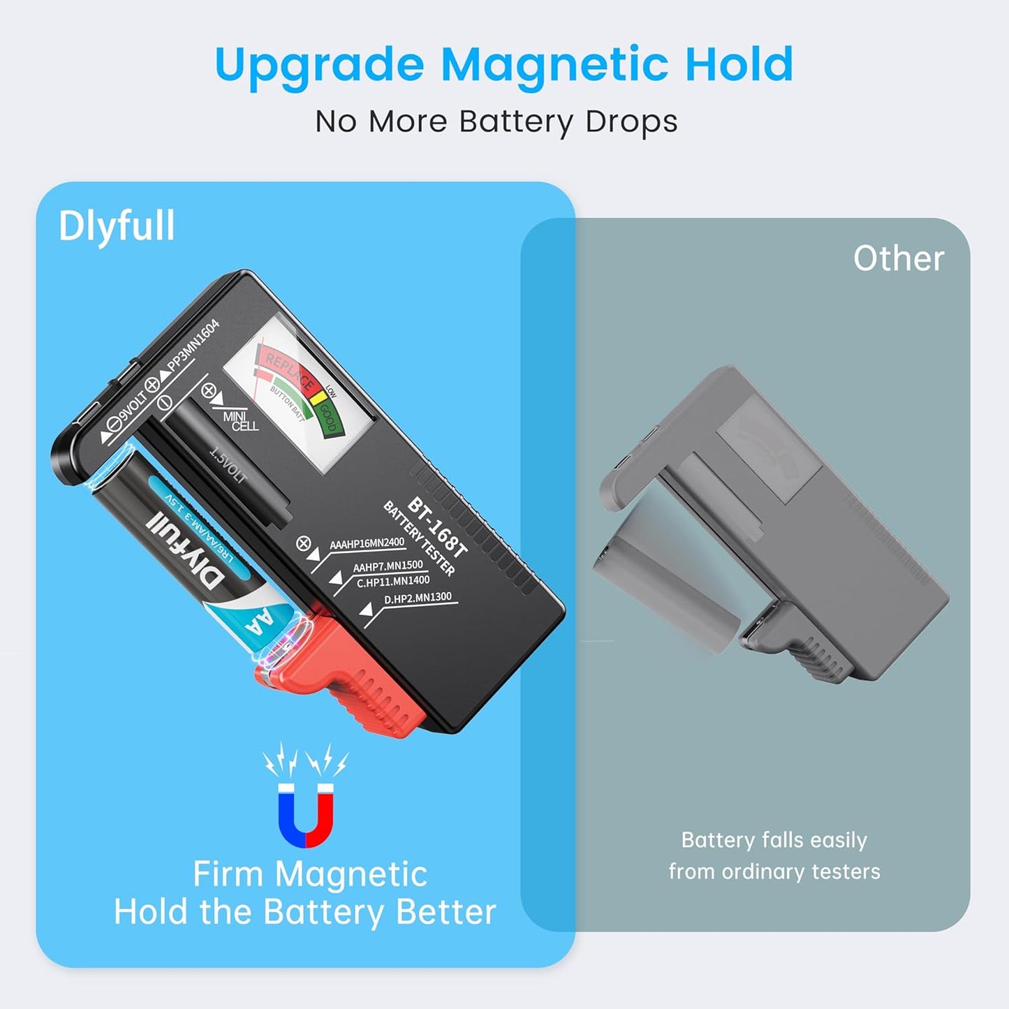 Comprobador batería universal AAA AA C D 9V 1.5V magnético