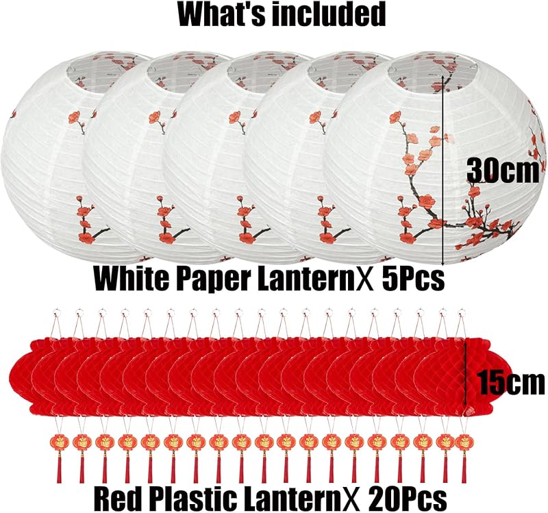 25 Linternas Papel Cerezo y Rojas Decoración Fiesta Oriental