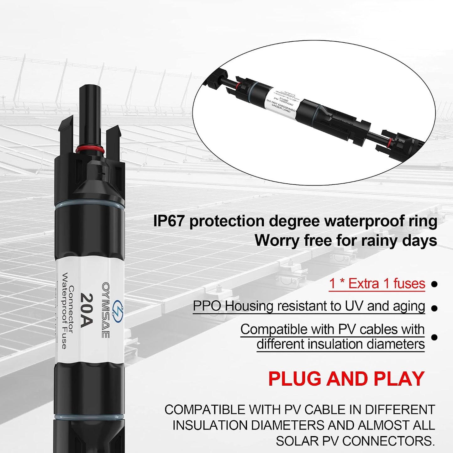 Portafusible solar 20A conector macho y hembra negro