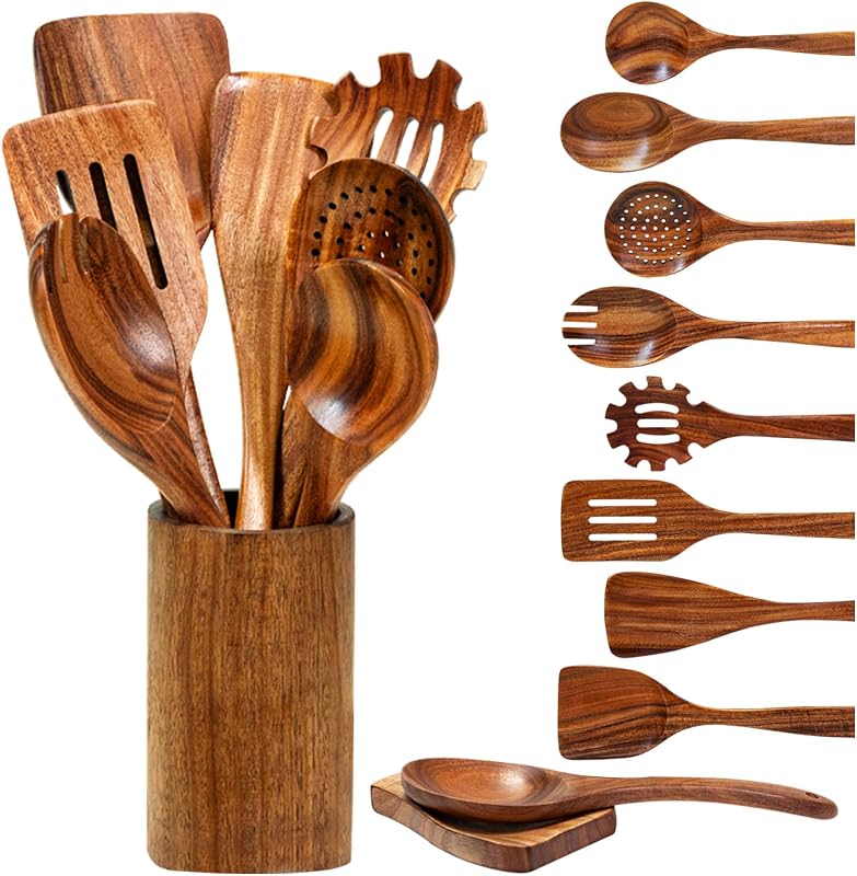Set 10 Pzas Utensilios Madera Teca Natural Antiadherente