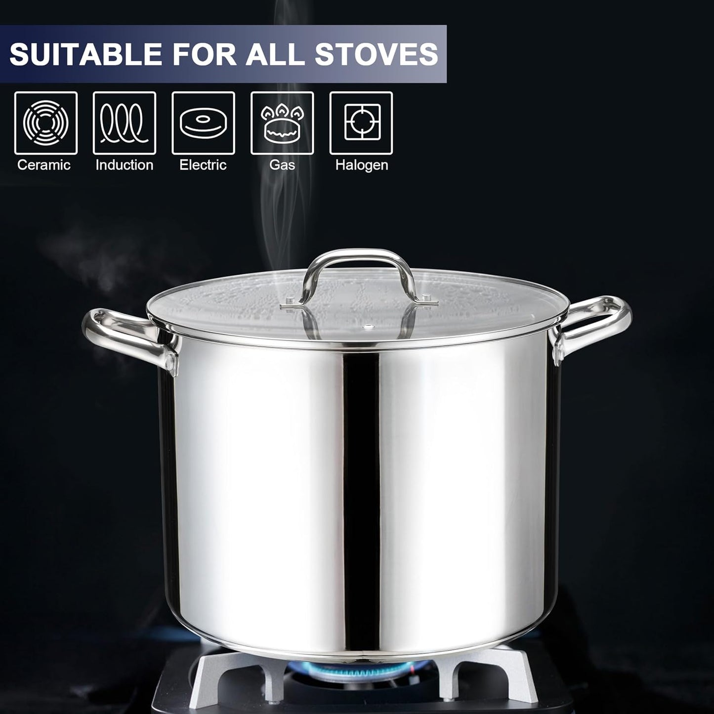 Olla acero inox 20qt con tapa vidrio base 3 capas inducción
