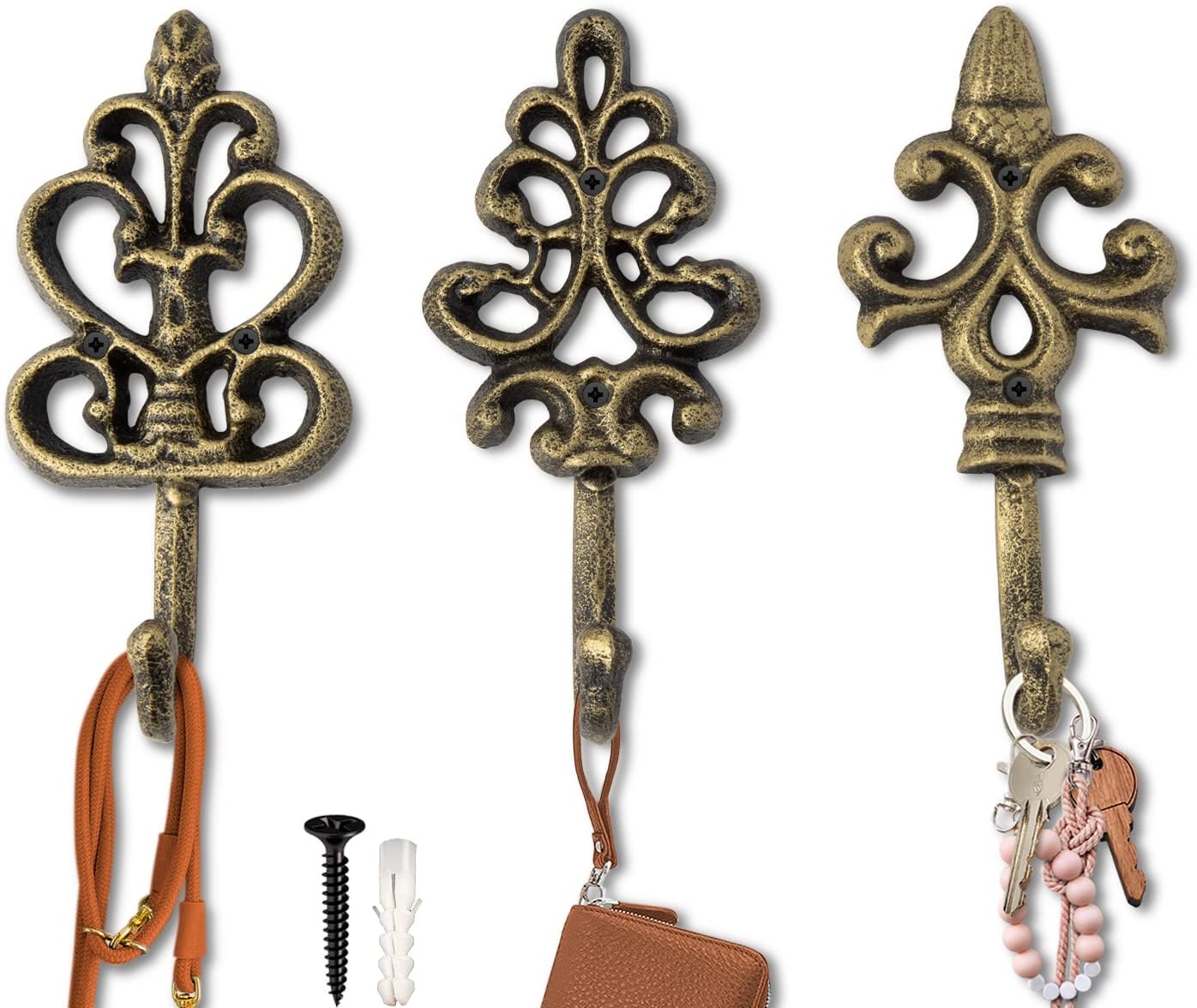 Ganchos hierro fundido campo francés set 3 dorado