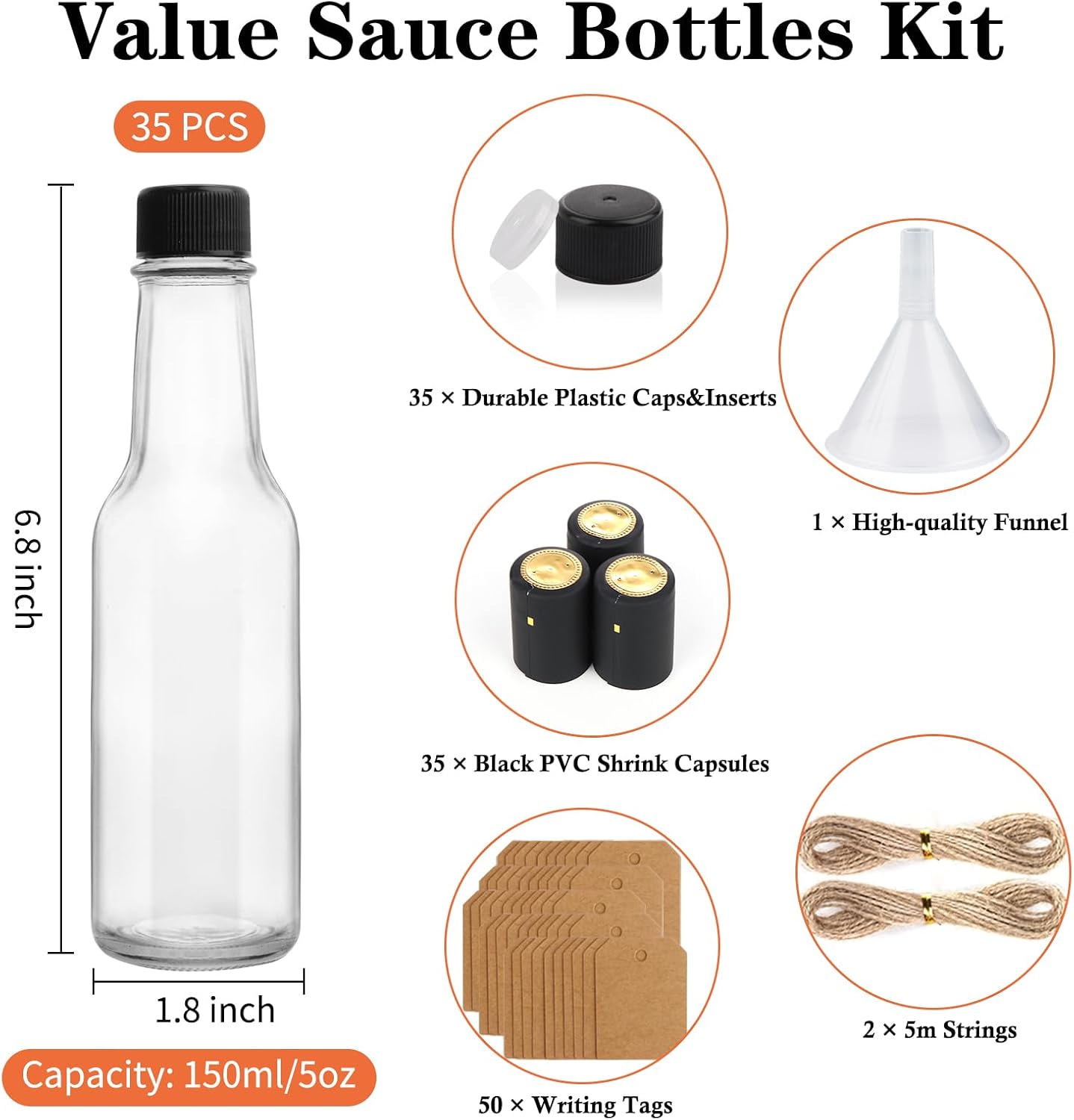 35 Botellas Vidrio 5oz Tapas Negras para Salsa Vino Bebidas