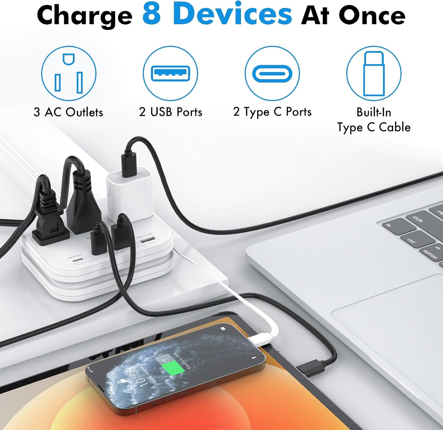 Regleta enchufe plano 5ft con 3 salidas USB y USB-C