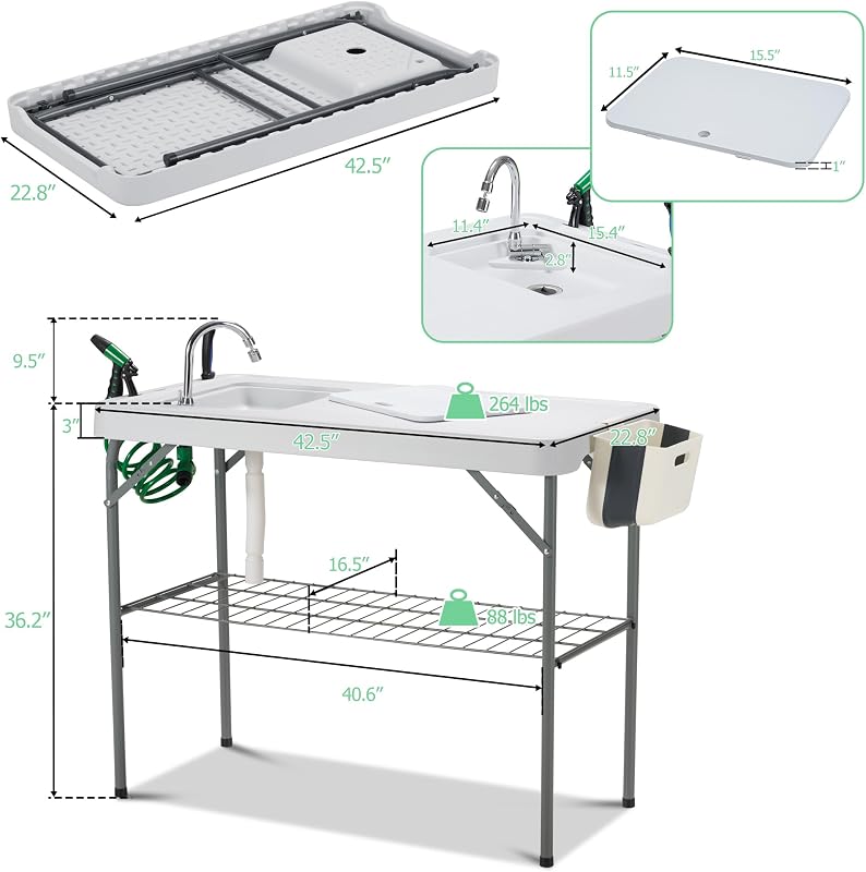 Mesa fregadero campamento con grifo y manguera