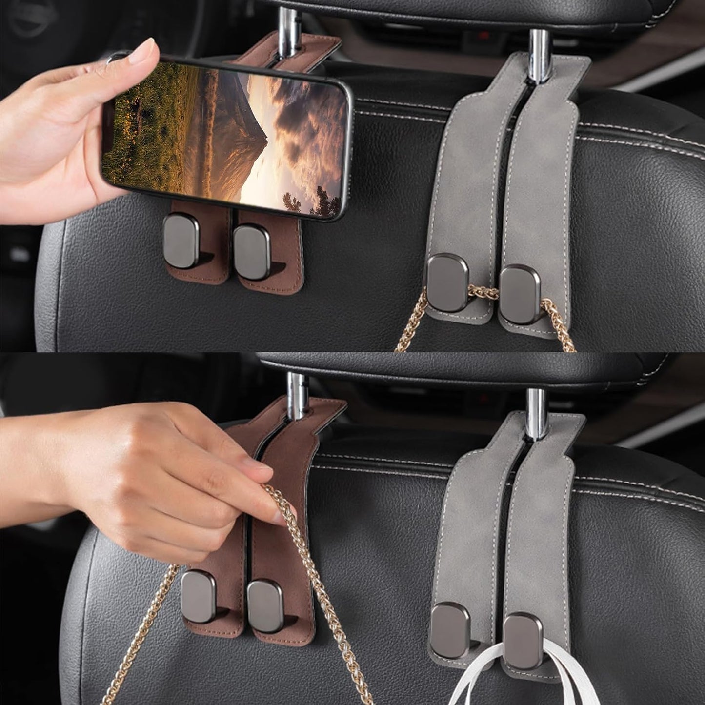 Ganchos cuero para reposacabezas y asiento trasero gris 2uds