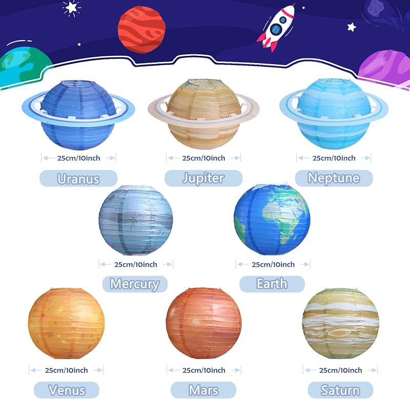 8 Linternas papel planetas 10pulg decoración espacio ciencia
