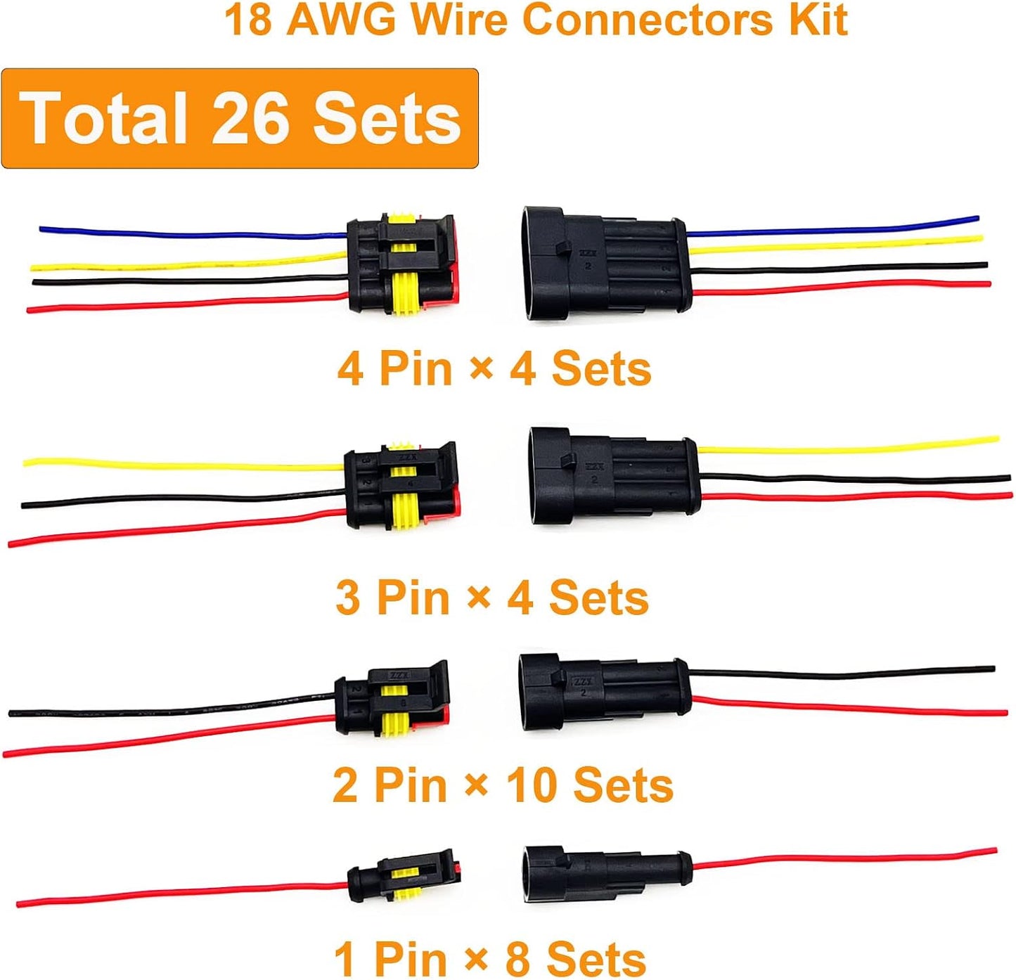 Conectores cable 18 AWG automotriz 1/2/3/4 pines 26 kits