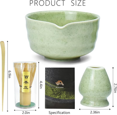 Juego té matcha 4 pzas cuenco batidor soporte cuchara verde claro