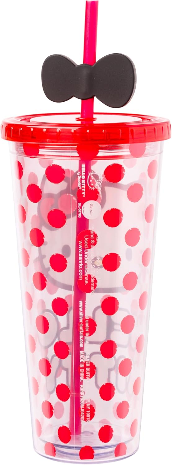 Taza fría plástico con tapa Hello Kitty lunares rojos 24oz