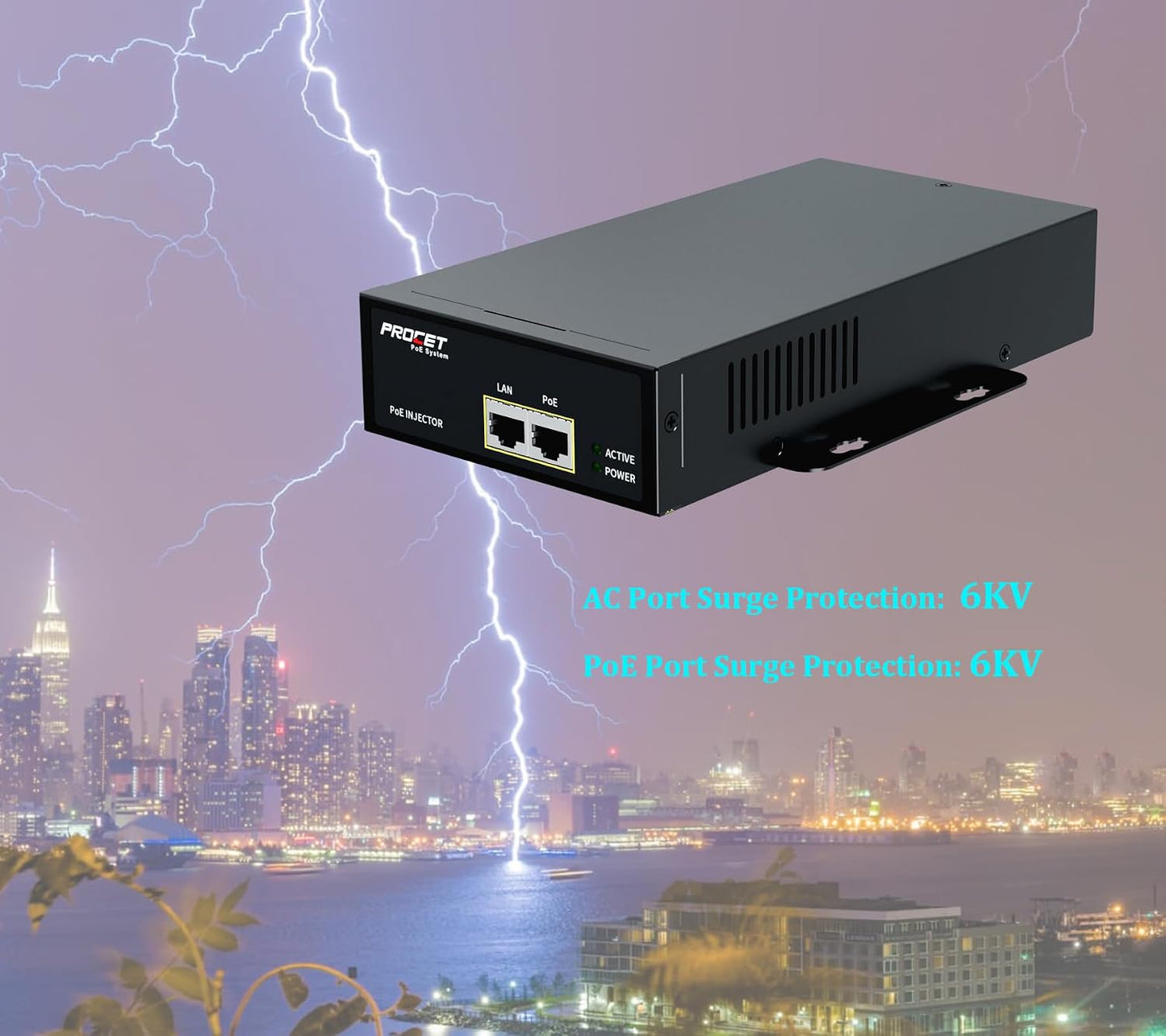 inyector poe 75w gigabit con proteccion 6kv para camara ptz