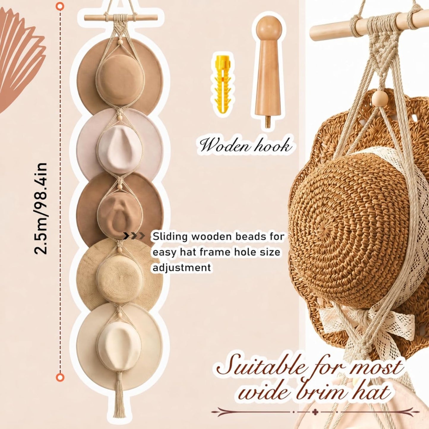 Perchas macramé para sombrero bohemio puerta beige