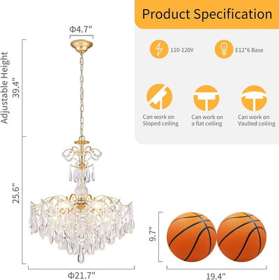 Candelabro colgante cristal 6 luces E12 dorado 25.6pulg