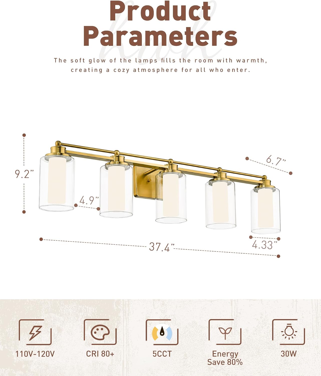 Lámpara baño 5 luces dorado cepillado moderna sobre espejo