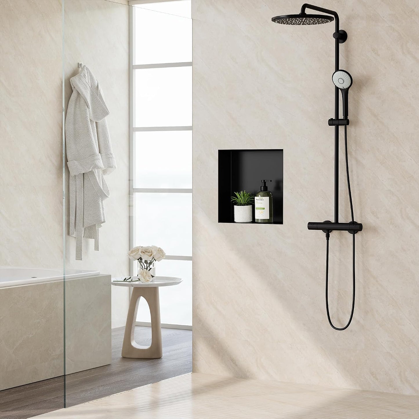 Nicho ducha negro acero inox 304 estante baño 12x12x4pulg