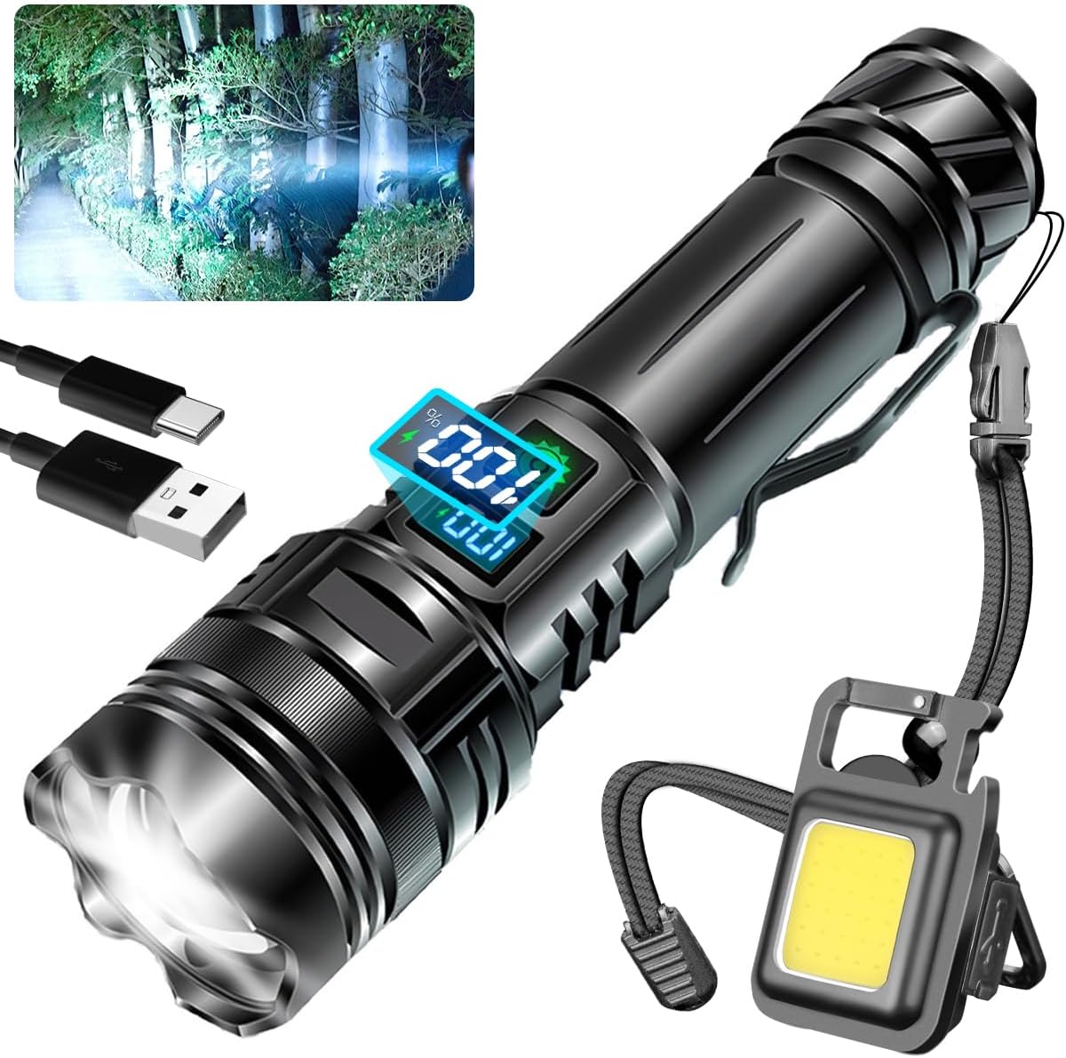 Linterna LED recargable con luz lateral y pantalla digital