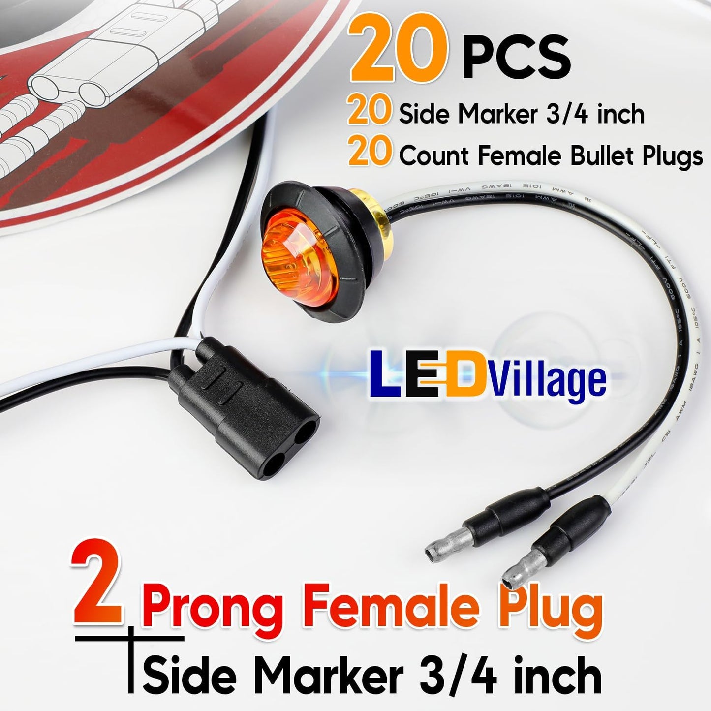20 Luces LED Ámbar 3/4 DC con 20 Arneses Hembra para Camión