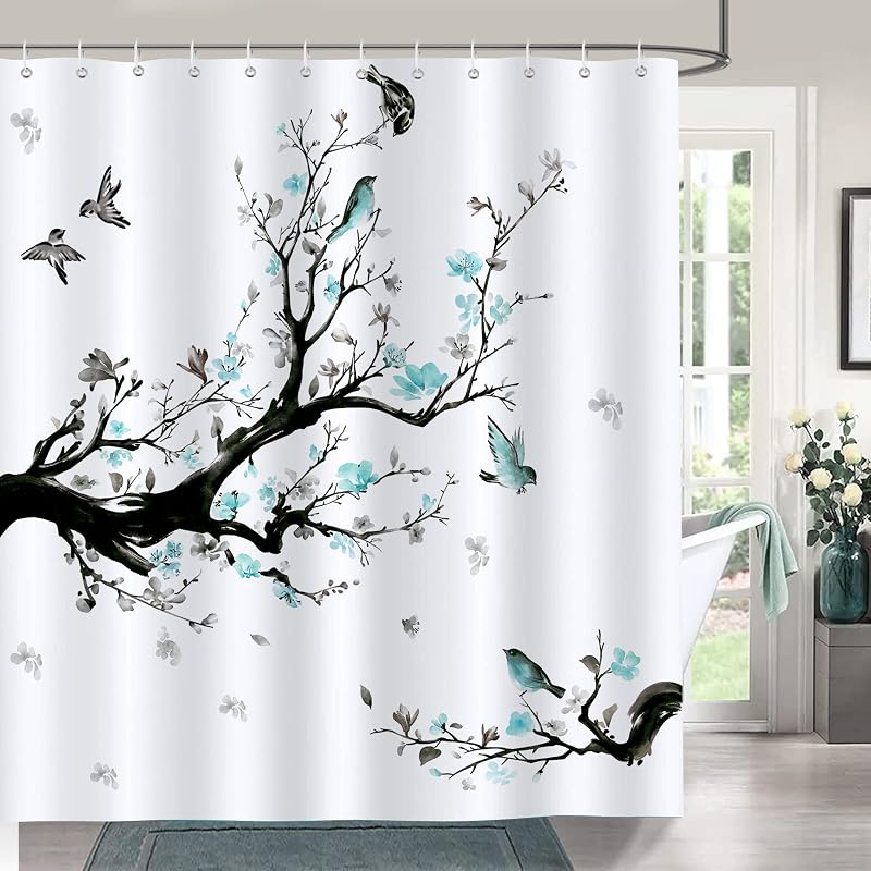 Cortina ducha flores azules 72x72pulg tela poliéster impermeable