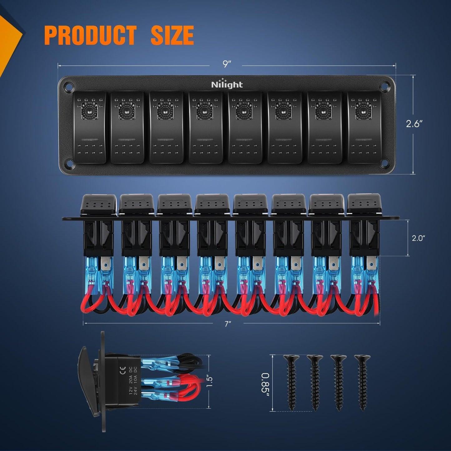 Panel interruptores basculantes 8 pos LED púrpura 12V coche