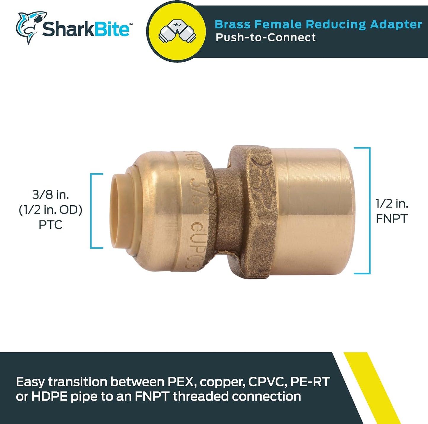 Adaptador FNPT 3/8x1/2 pulg latón para PEX cobre CPVC