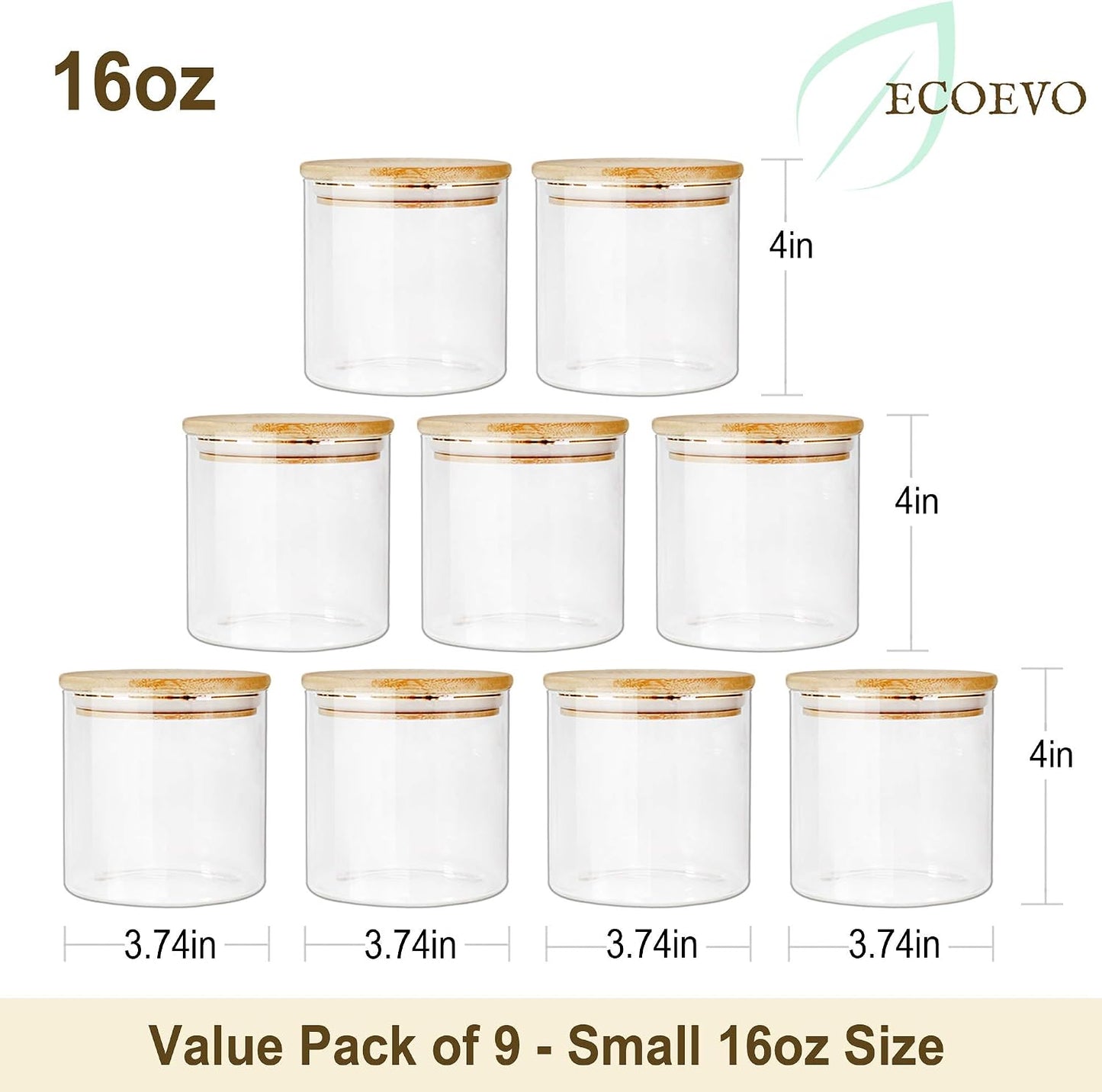 Tarros vidrio tapas bambú 16oz 9uds almacenamiento alimentos