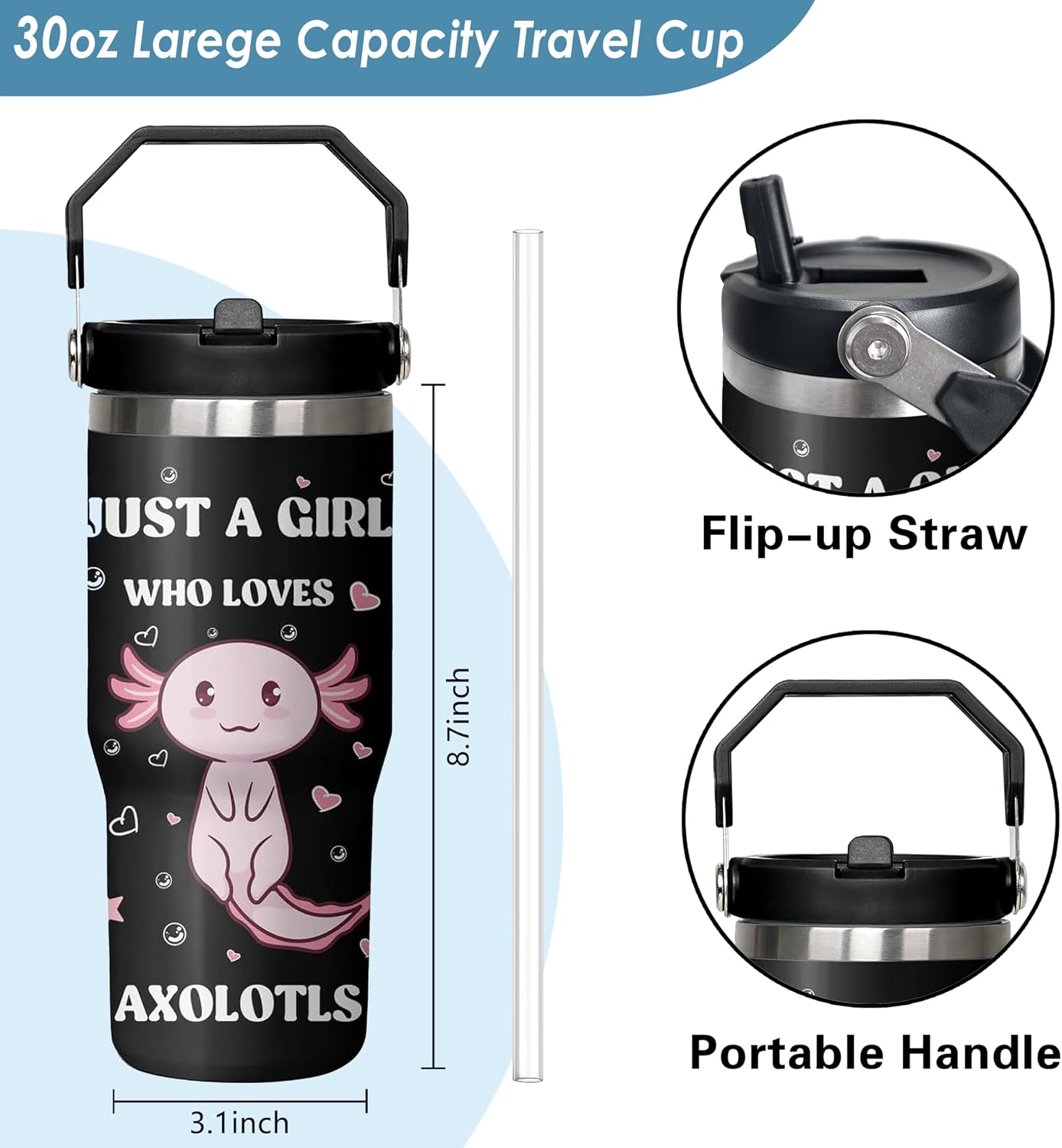 Vaso acero inox 30oz con asa tapa pajita regalo