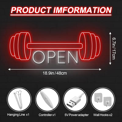 Letrero neón abierto para gimnasio LED rojo