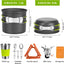 Kit utensilios cocina acero inox camping estufa trípode taza